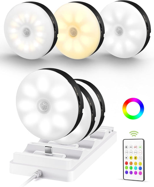 EZVALO Under Cabinet Lighting with Charging Station, 1000mAh Rechargeable Puck Lights with Remote, 3 Color Temps & 12 RGB Closet Lights, Dimmable Motion Sensor Lights for Shelf, Kitchen (6 Packs)