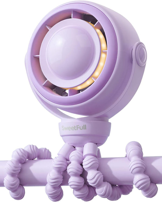 SWEETFULL Baby Stroller Fan, Safe Portable Fan, 15H Use, Nightlight- Purple | Pinch-Proof Design; 4000mAh Rechargeable; Stable Mini Clip On Fan; 360° Adjustable; 4-Speed Quiet; LED Display; Car Seat Crib