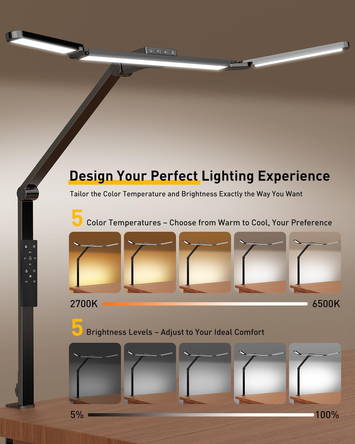 GUARDKING Adjustable LED Desk Lamp for Home Office with Clamp& Dual Control