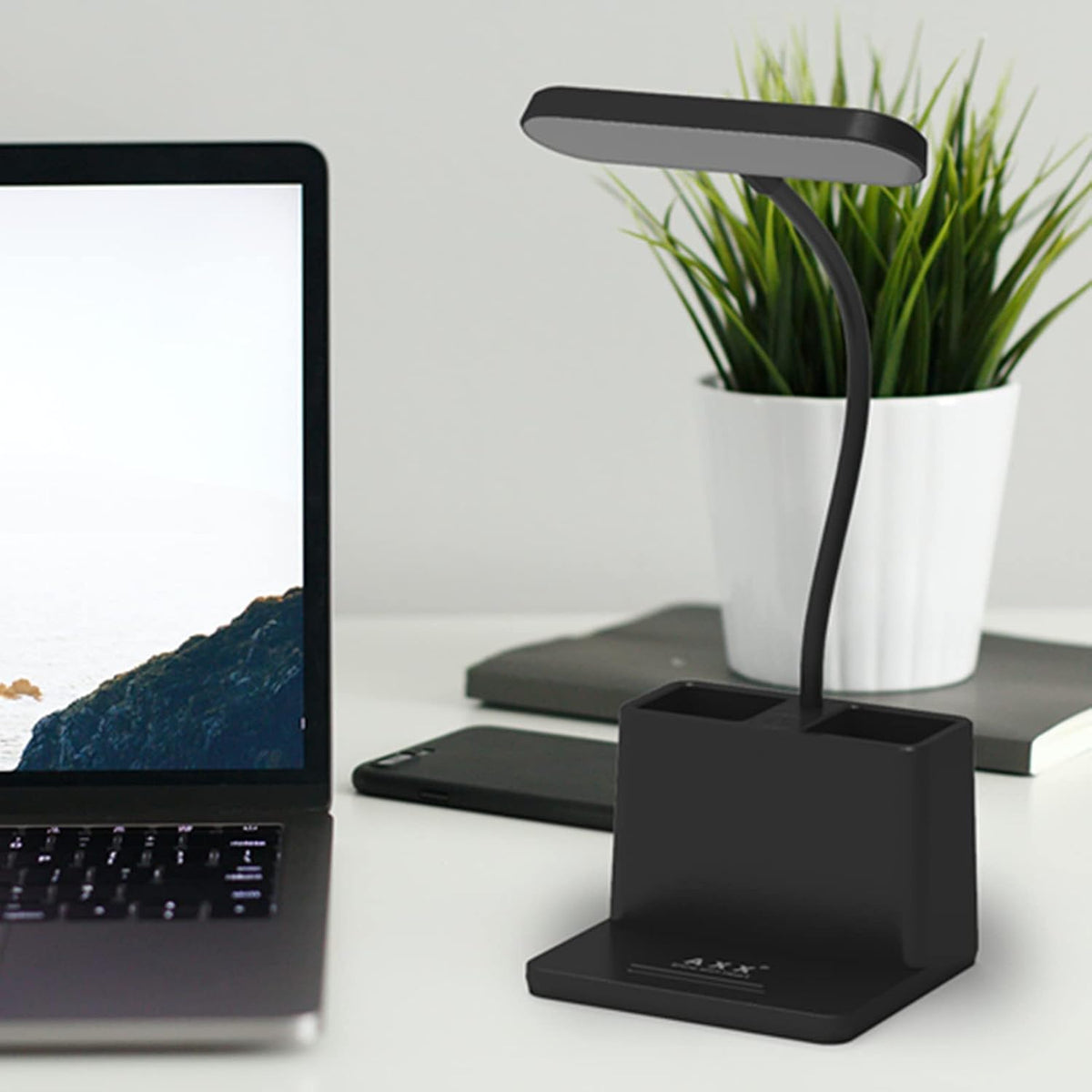 AXX Black LED Desk Lamp, Battery Operated Small Table Light for Dorm Room | Rechargeable, Battery-Powered, Cute, Dimmable, Gooseneck, Pen Holder, Touch Control, for Home Office Bedroom Desktop
