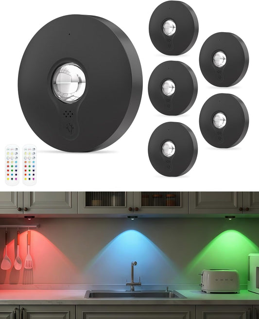 Rechargeable RGB Puck Lights with Remote Control, 1500mAh Battery Operated Push Lights, Dimmable &amp; Timer Under Cabinet Lighting for Closet, Bedroom, Kitchen Black 6Pcs