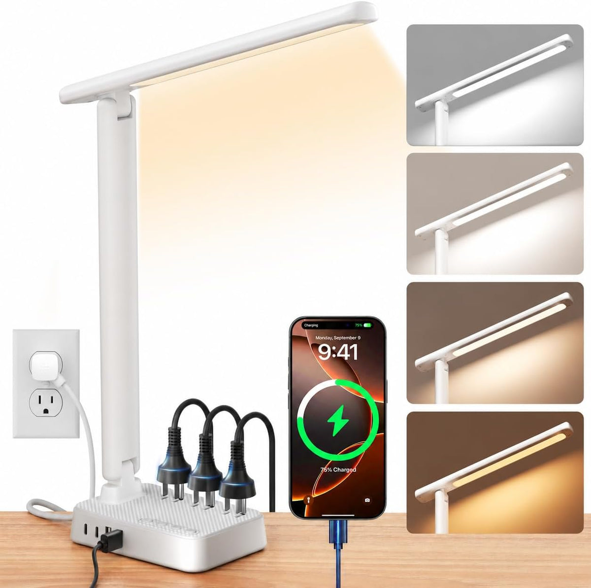 LED Desk Lamp with Power Strip, 3 AC Outlets, 4 USB Ports, Stepless Dimming