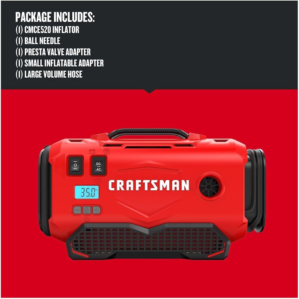 CRAFTSMAN V20 Tire Inflator Portable Air Compressor, Car Air Pump, 3 Modes Tire Pump: Cordless, 120V Corded, and 12V Car Adapter, Battery Sold Separately (CMCE520B)