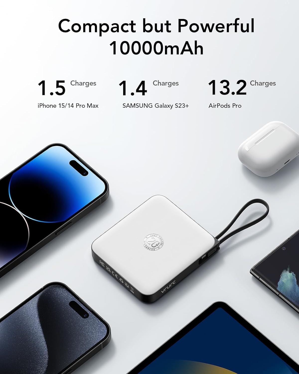 VRURC Battery Pack Portable Charger 10000mAh, 22.5W Fast Charging | Power Bank with Built-in Cable, LED Display for Cell Phone, for iPhone 17 16 15, Samsung Galaxy and USB-C Devices (White)