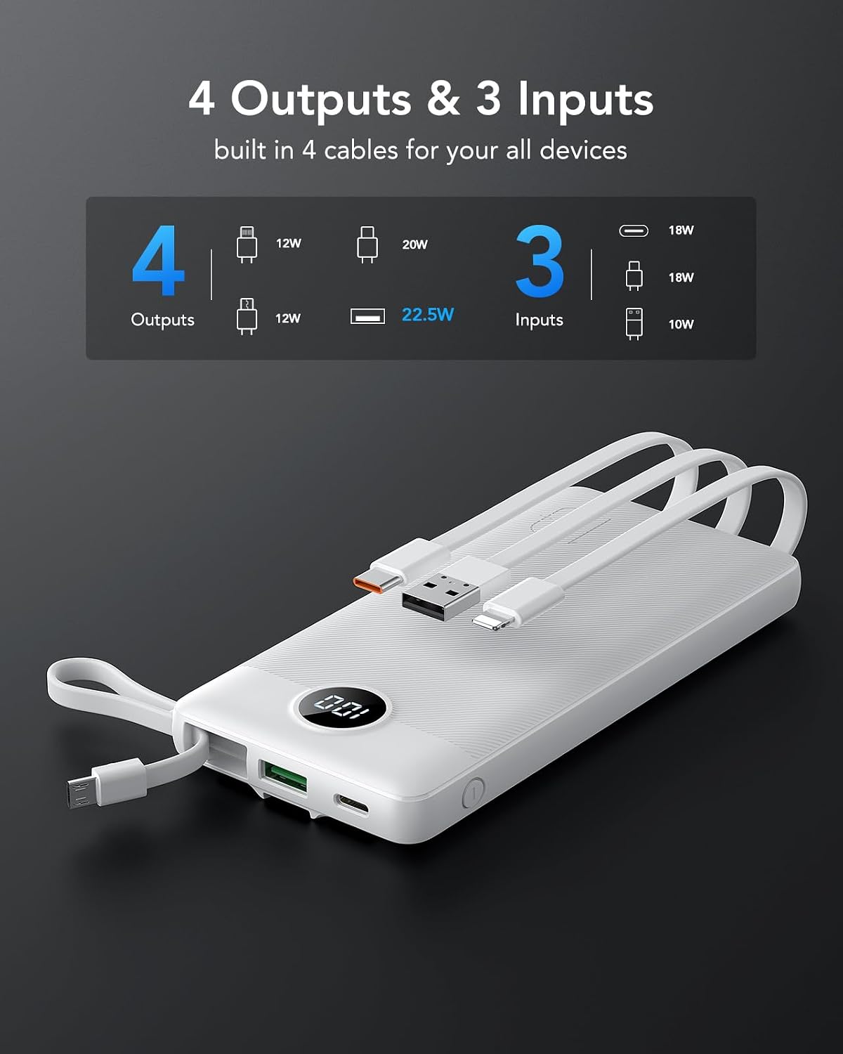 VRURC Power Bank for iPhone, 22.5W Portable Charger with Built-in Cables | 10000mAh USB C In & Out Cord Portable Phone Charger,Slim Lightweight Charging Bank Travel Essentail-White(1 Pack)