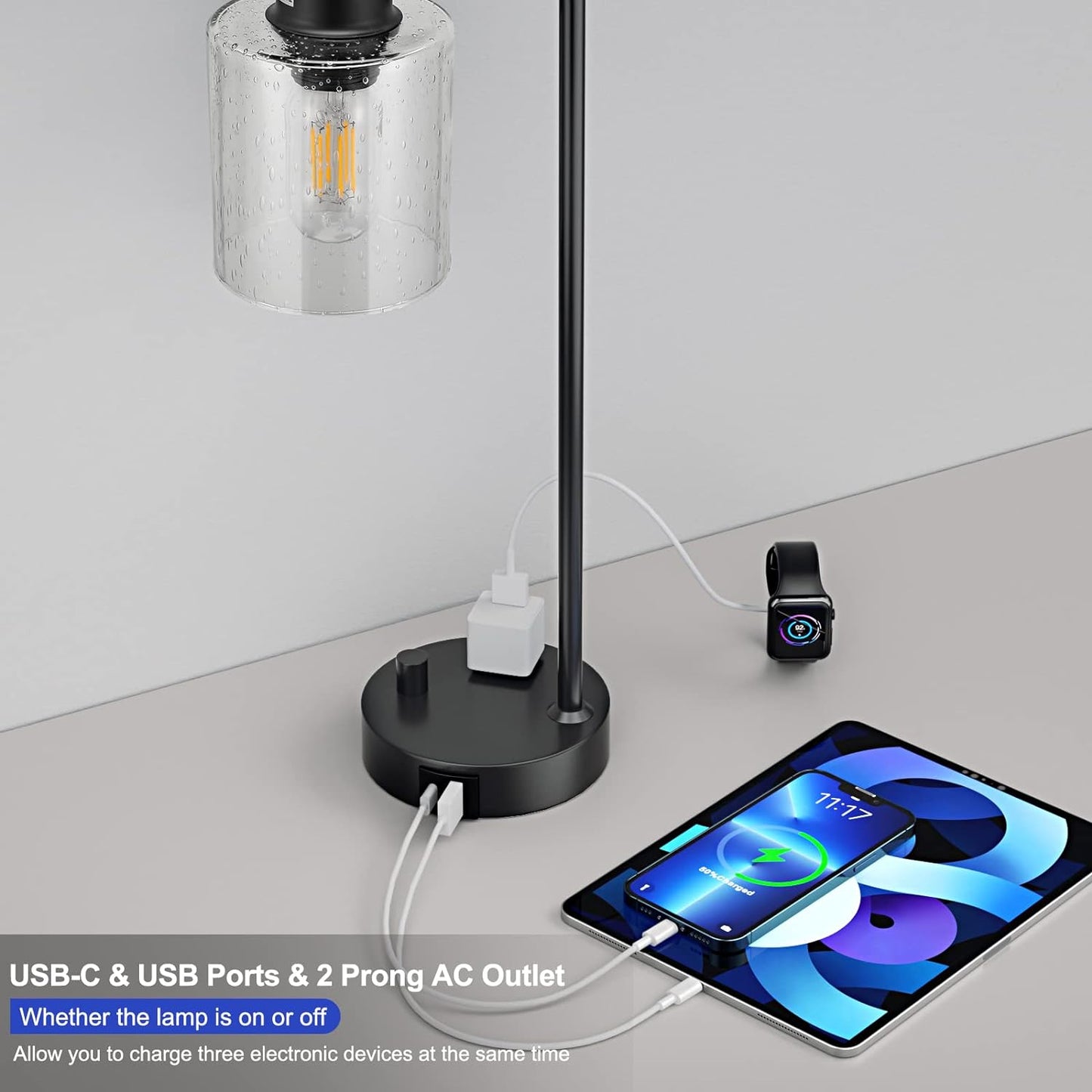 Industrial Desk Lamp, Fully Dimmable Small Bedside Table Lamp, Black, USB C | Glass Shade, USB C+A Charging Port & Outlet, Lamps for Bedroom, Night Stand, Home Office, Living Room
