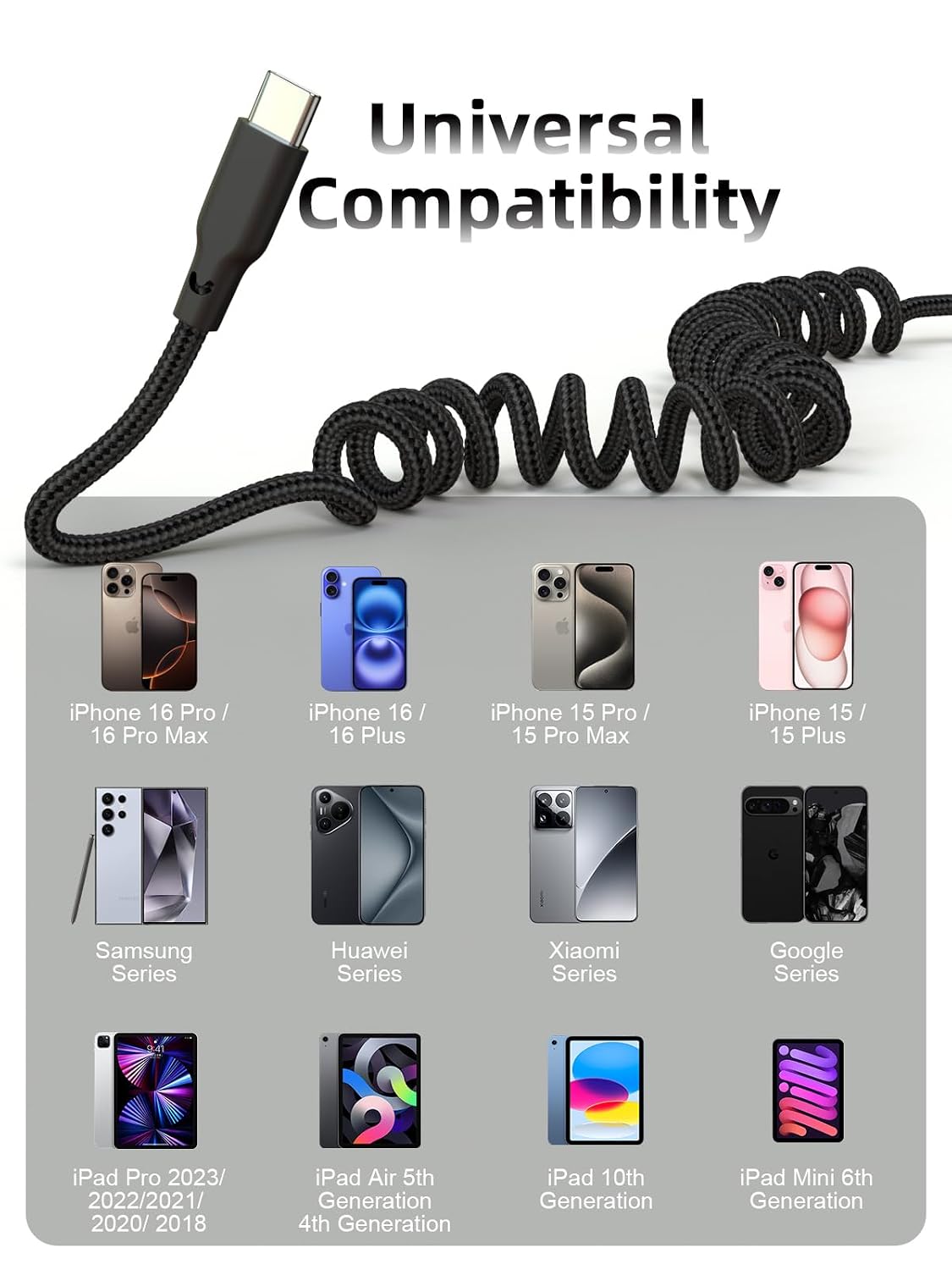 Quickeep Car Carplay Cable 2Pack 3ft Coiled USB A to USB C Fast Charge Cord for iPhone 17/16/15/Plus/Pro Max/MacBook Pro, Auto Coiled Retractable iPhone Car Cord