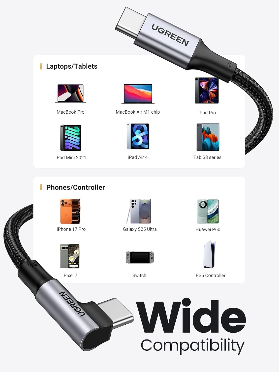 UGREEN 100W Right Angle USB C Cable, Fast Charging Cable, 10ft