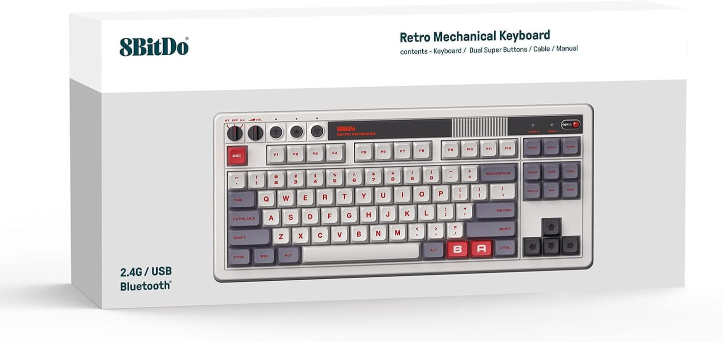 8Bitdo Retro Mechanical Keyboard, Bluetooth/2.4G/USB-C Hot Swappable Gaming Keyboard with 87 Keys, Dual Super Programmable Buttons for Windows and Android - N Edition