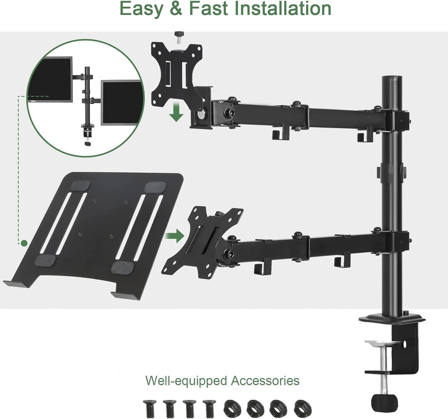Monitor and Laptop Mount for 13"-27" Screens and Notebook up to 17 inch | Monitor Arm with Vented Tray, Fully Adjustable Laptop Mount Stand Holds up to 17.6lbs, VESA 75/100mm