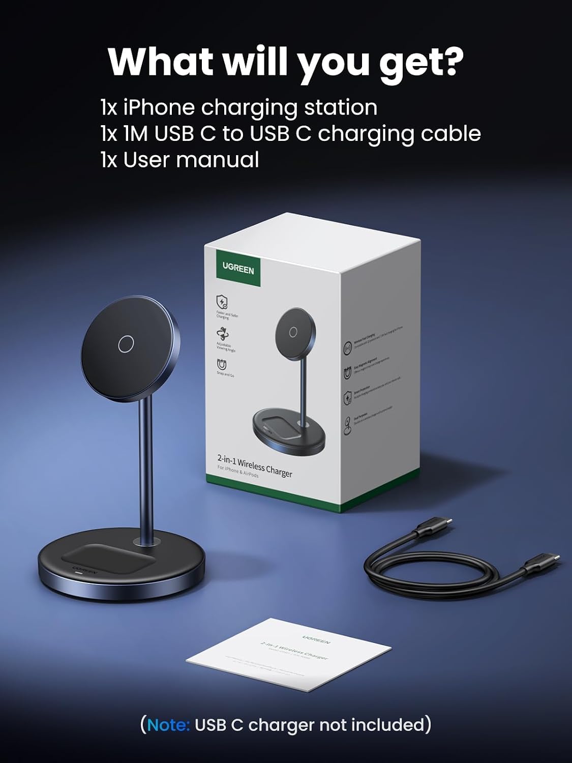 UGREEN MagFlow 2-in-1 MagSafe Compatible Wireless Charging Stand | Fast Wireless Charger for iPhone 12-17 Series and AirPods, 3FT Cable (Adapter Not Included)