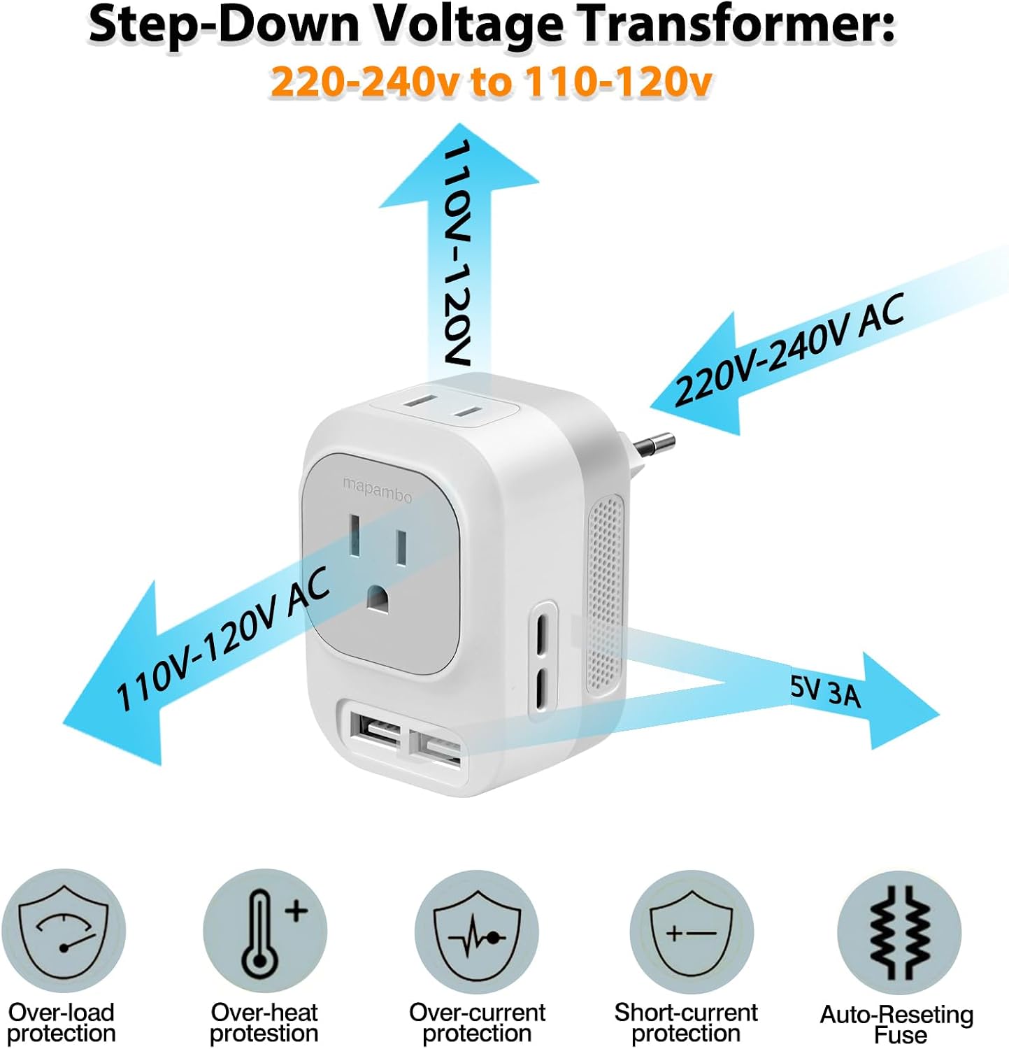 220V to 110V Voltage Converter US to Europe with 2 USB A 2 USB C Fast Charging, Power Converter for European Travel Universal International Travel Adapter for Italy Germany France Spain