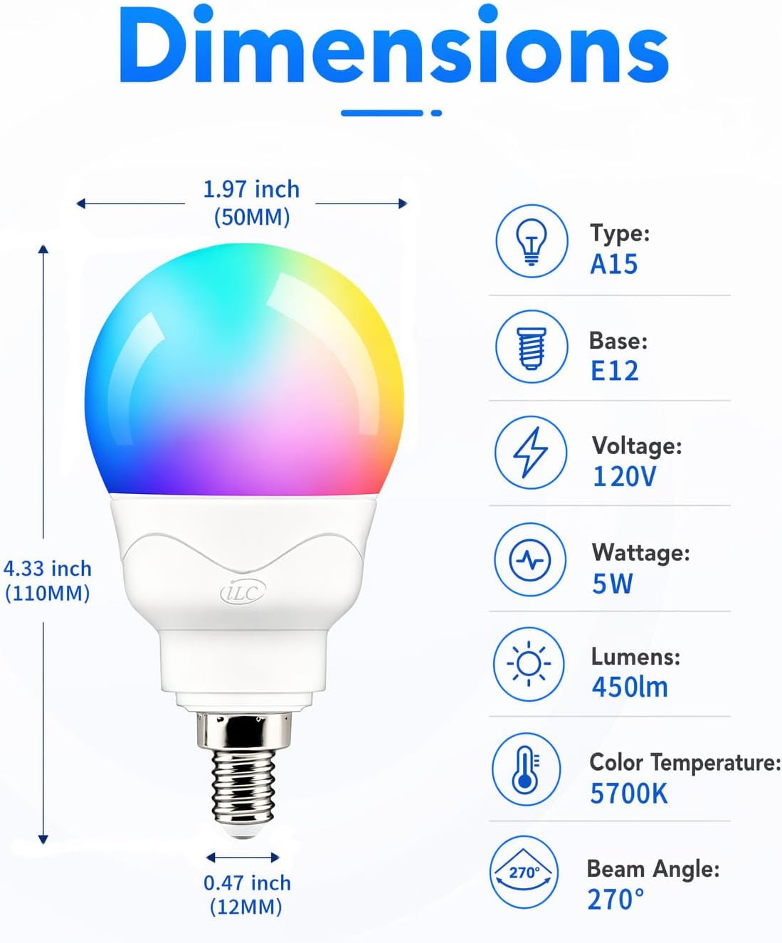 ILC E12 LED Light Bulbs (40w Equivalent) 5W, Color Changing RGB, A15 Small Base Candelabra Round Light Bulb, Candle Base, 2700K Warm White 12 Colors 2 Modes Timing with Remote Control (4 Pack)