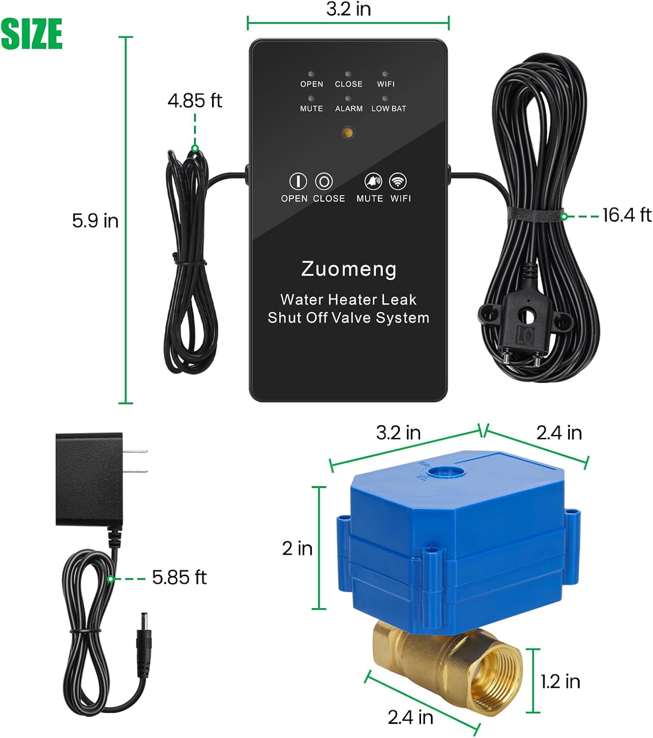 WiFi Water Leak Detector with Automatic Shutoff Valve，Zuomeng Smart Water Heater Remote Stop Device with Leak Sensor, Leakage Alert Push, 3/4" NPT 150PSI Brass Valve, Get Rid of Water Leakage