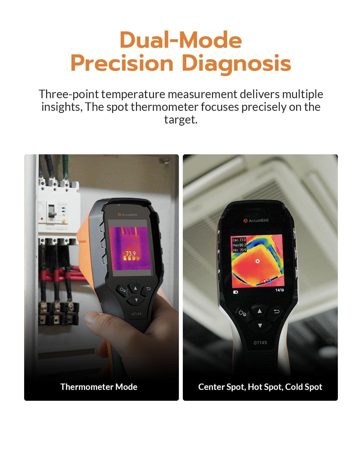GT14S Thermal Imaging Camera with Edge Enhancement, Thermometer Mode | Infrared Camera -4°F to 1202°F Range, 240g Compact Design, 25Hz Image Frequency, 14H Runtime for HVAC/Home Inspection