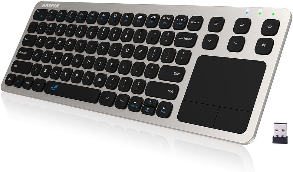Arteck 2.4G Wireless Touch TV Keyboard with Easy Media Control and Built-in Touchpad Mouse Solid Stainless Ultra Compact Full Size Keyboard -Connected Computer, Smart TV, HTPC