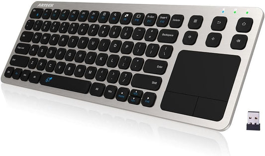 Arteck 2.4G Wireless Touch TV Keyboard with Easy Media Control and Built-in Touchpad Mouse Solid Stainless Ultra Compact Full Size Keyboard -Connected Computer, Smart TV, HTPC