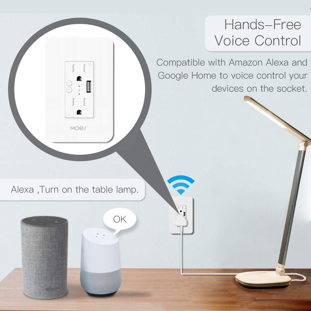 MOES Smart in-Wall Outlet, USB-A, 15A, 2.4GHz WiFi, No Hub Required | Smart Life/Tuya APP Remote Control, Works with Alexa and Google Assistant for Hands-Free Voice Control