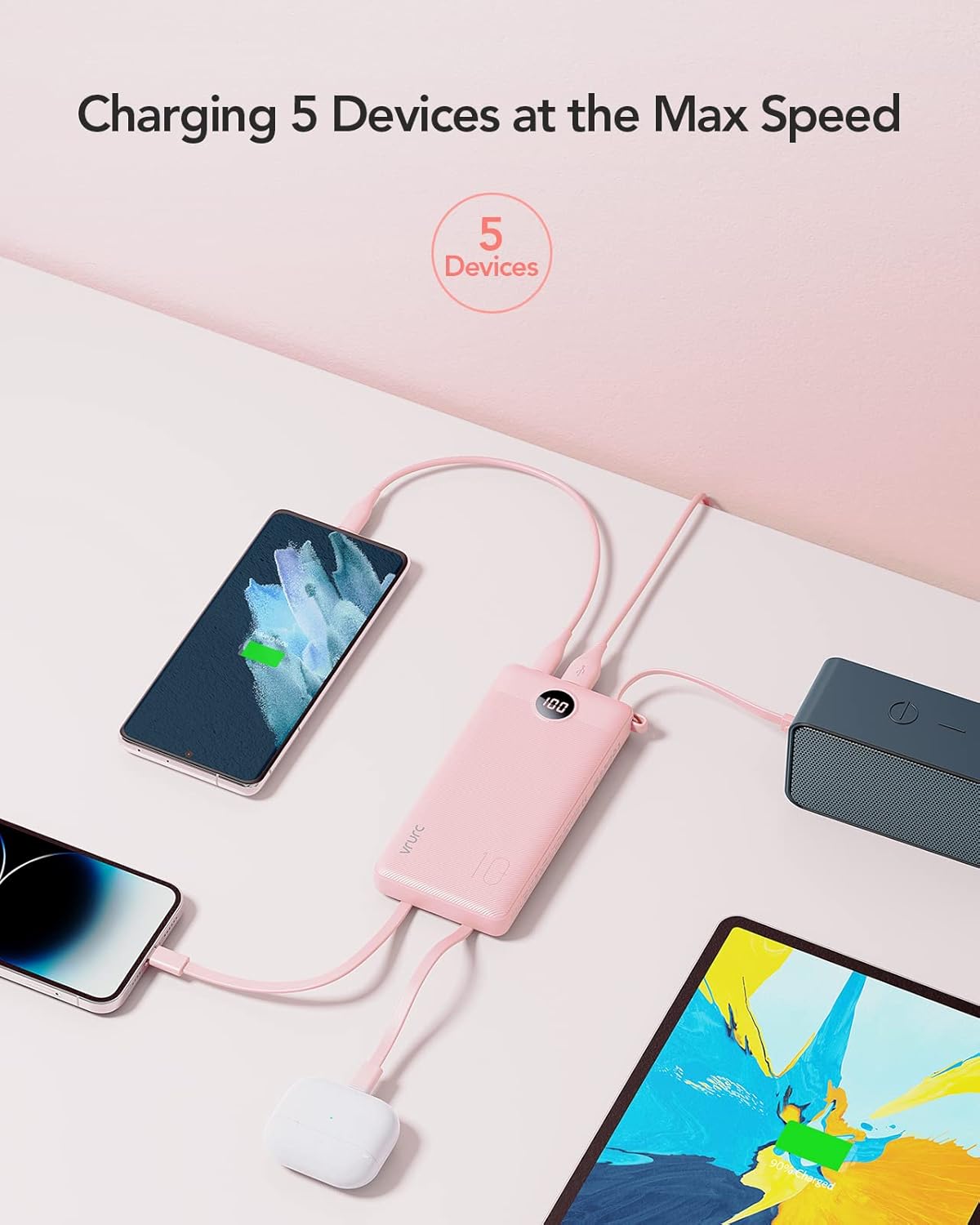 VRURC Portable Charger Power Bank, Built-in 4 Cables &amp; 2 Ports,10000mAh Slim Battery Pack with LED Display, Travel Essential USB C Portable Phone Charger for All Cell Phones Devices-Pink(1 Pack)