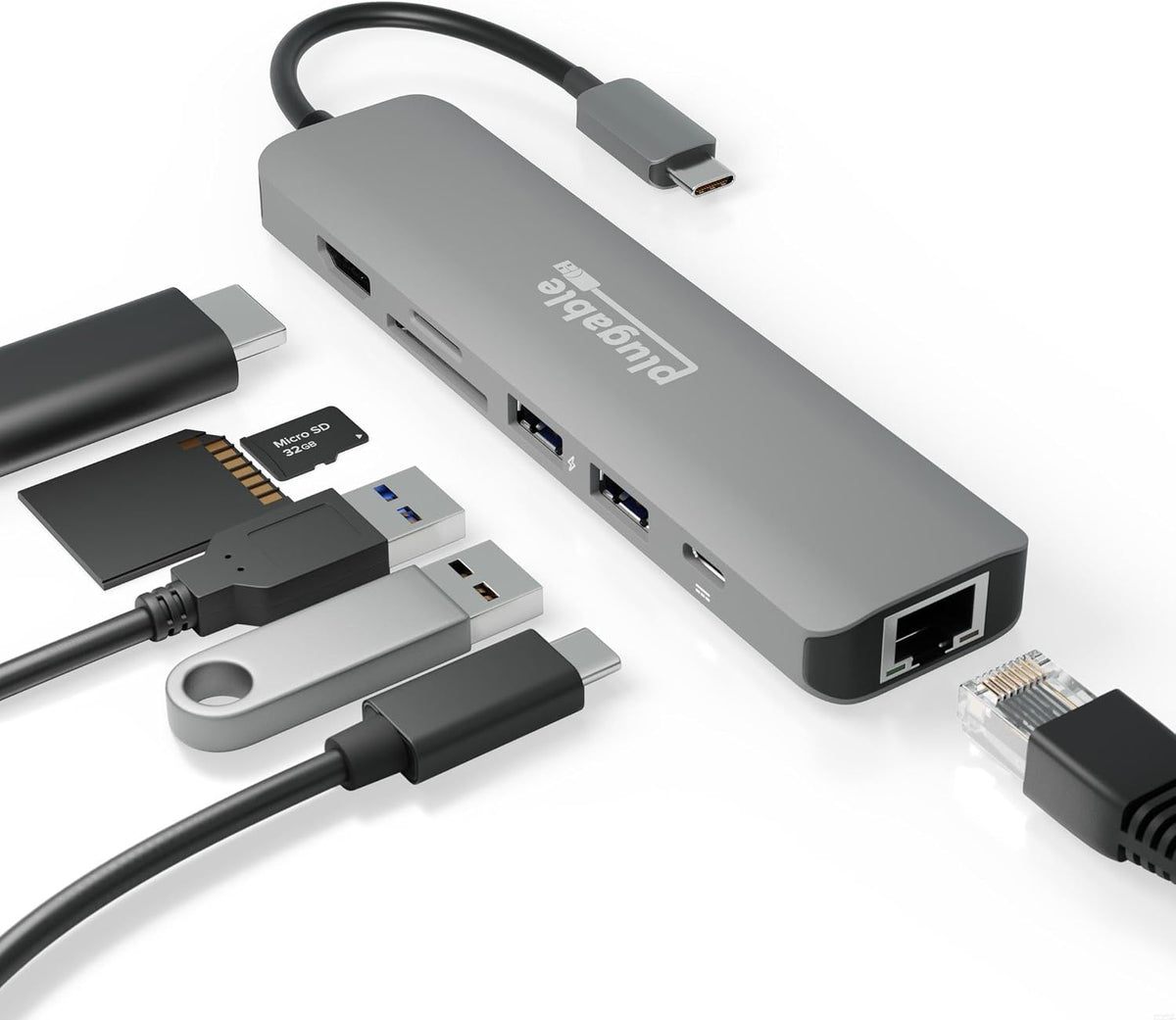Plugable 7-in-1 USB C Hub Driverless Multiport Adapter with Ethernet