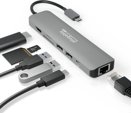 Plugable 7-in-1 USB C Hub Driverless Multiport Adapter with Ethernet