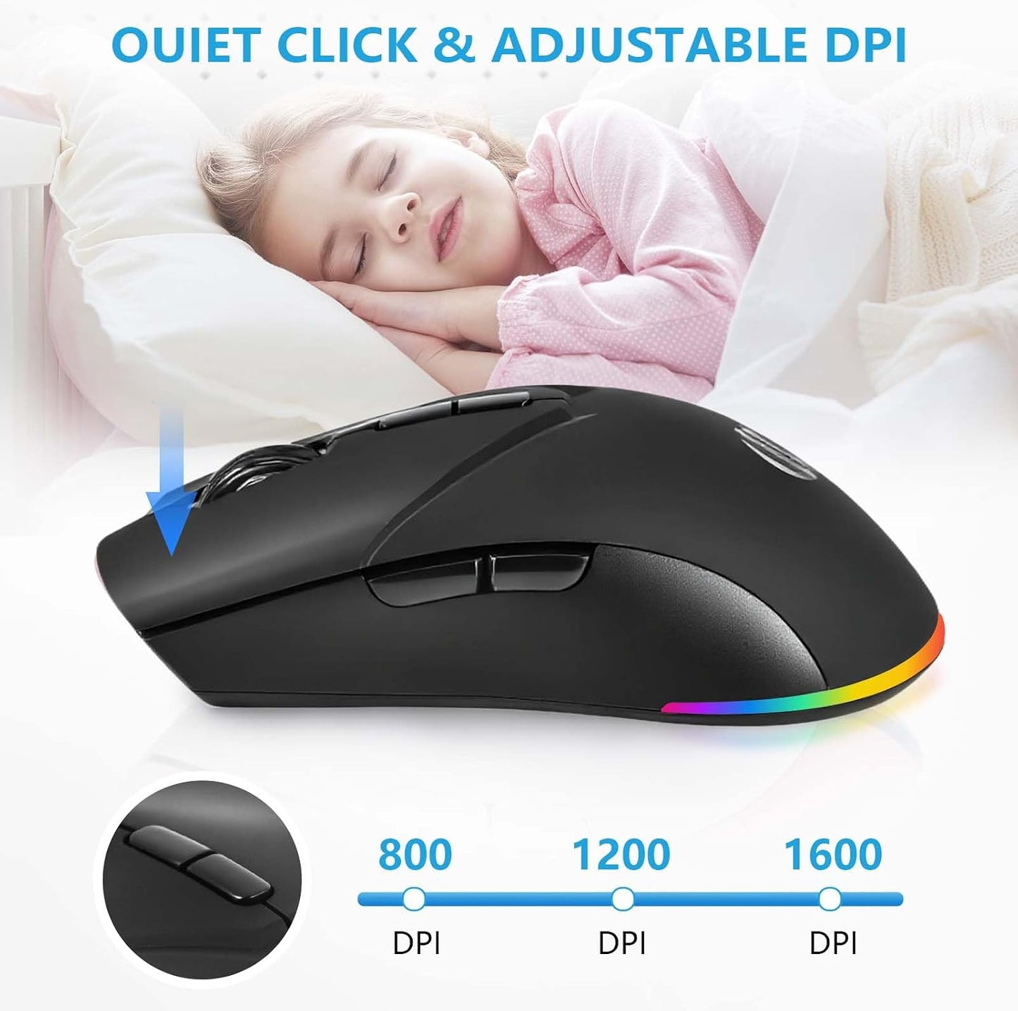 Wireless Mouse, Bluetooth Rechargeable Mouse, Dual Mode BT 5.2 + 2.4G USB Silent Wireless Bluetooth Mouse, RGB Ergonomic Design, 3-Level Adjustable DPI Mouse for Laptop, PC, Mac, Ipad, Black