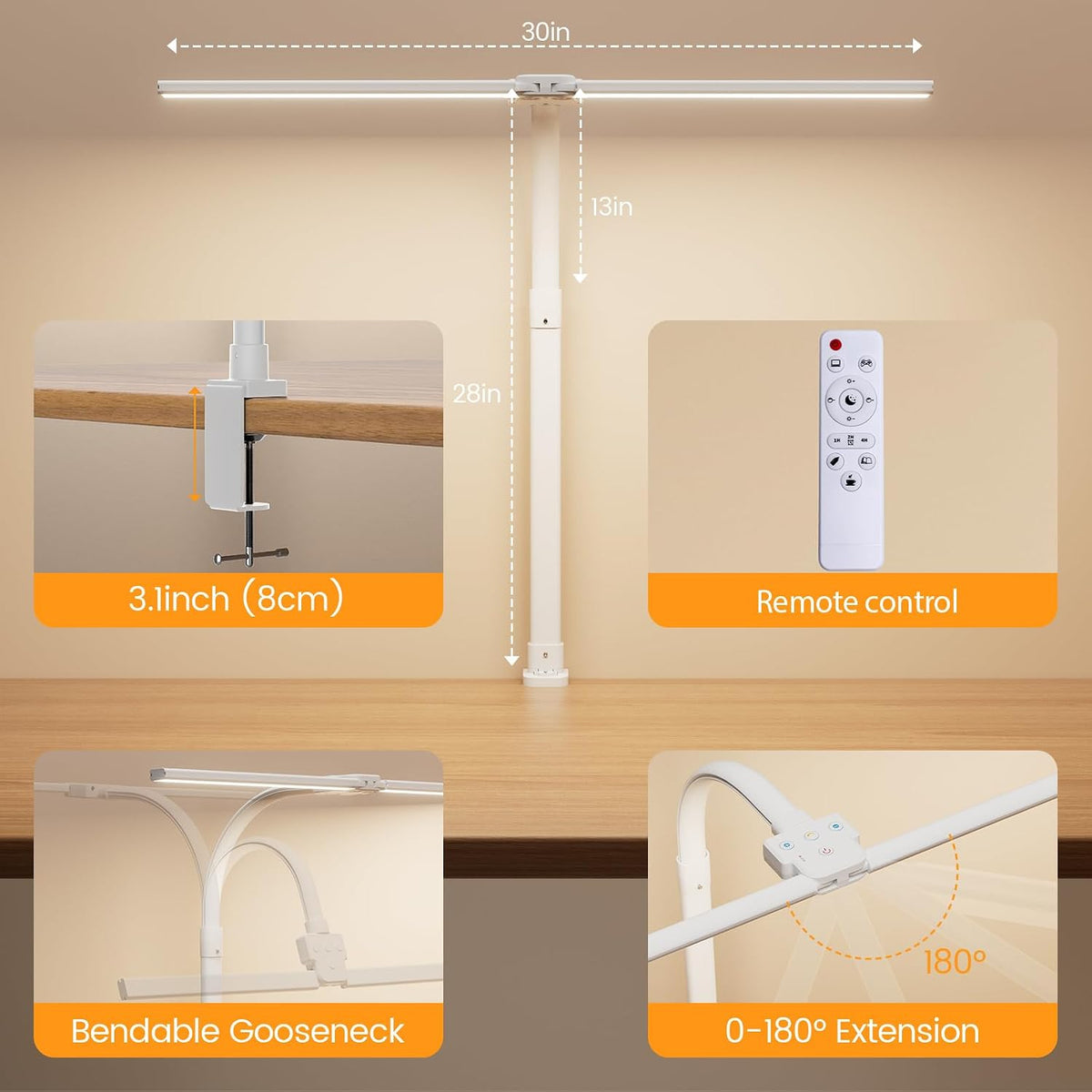 LED Desk Lamp - Bright Dimmable Computer Lamp, 24W Bendable Desk Light for Monitor Screen, Eye-Caring Tall Desktop Light for Task Home Office Work, White, Dual Head