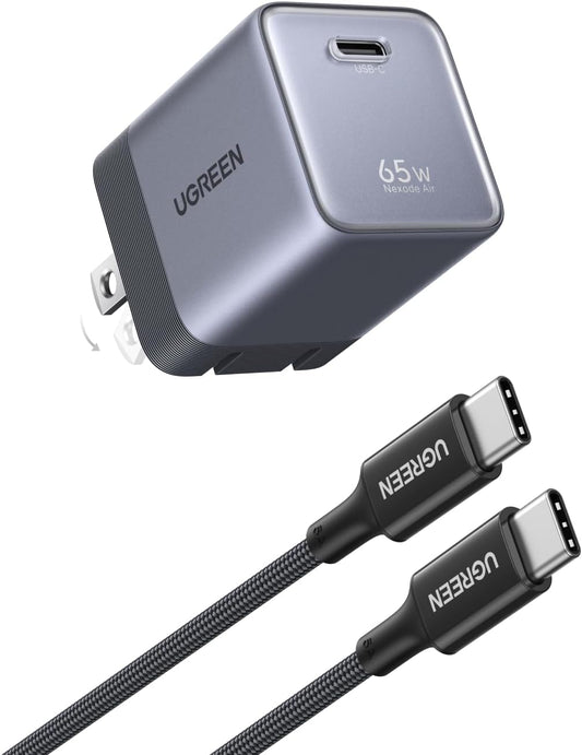 UGREEN Nexode Air 65W USB C Charger, Foldable Mini Charger Block Fast Charging with USB C Cable, GaN Charger for MacBook Air/Neo/Pro, iPhone 17 16, Galaxy S26/S25, iPad, Grey