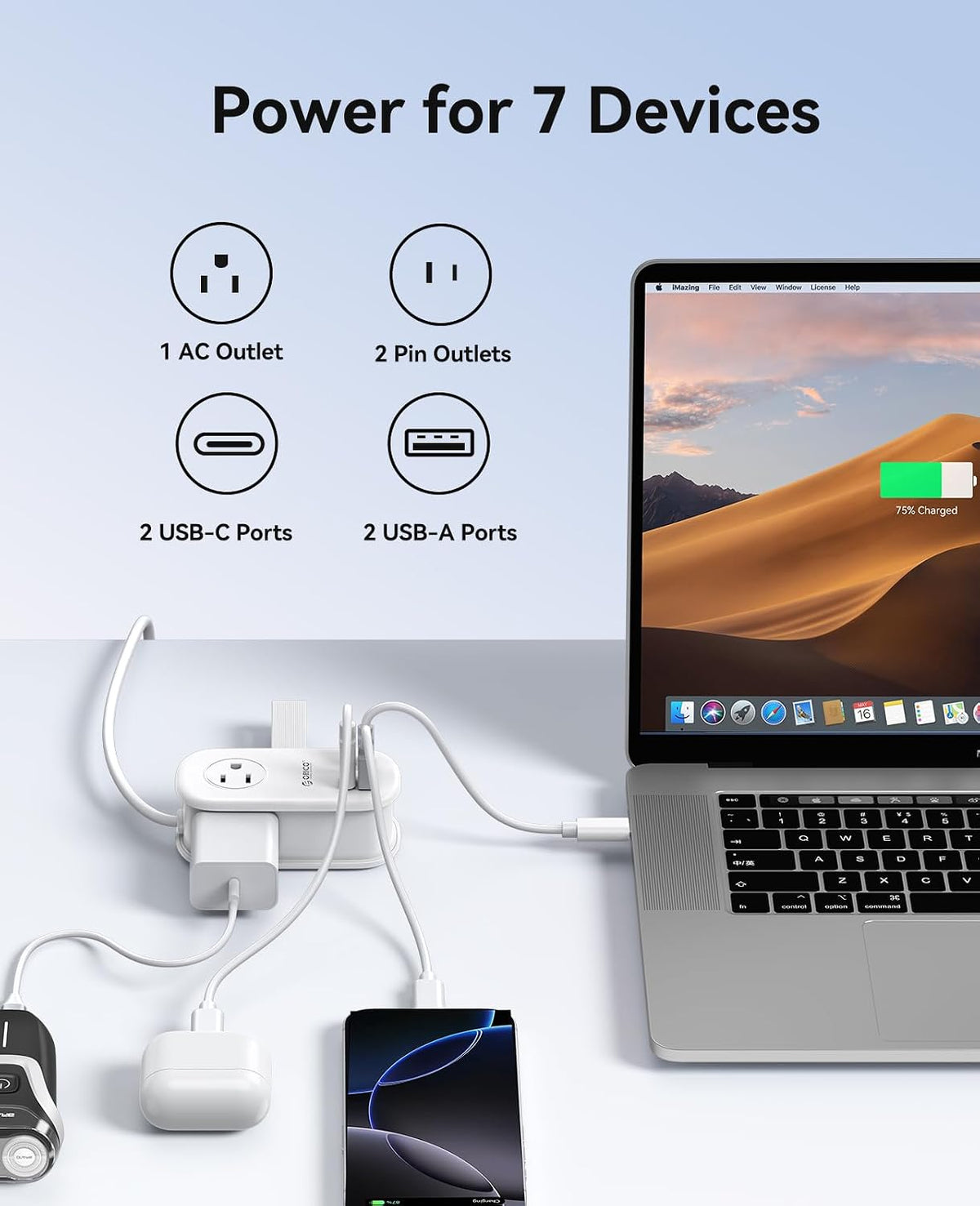 ORICO 65W GaN Travel Power Strip with Flat Plug and 4FT Extension Cord | 7-in-1 Charging Ports (3 AC Outlets/2 USB-A/2 USB-C), Fast Charger for MacBook Pro/Air, iPad Pro, iPhone 17/16/15- AP3