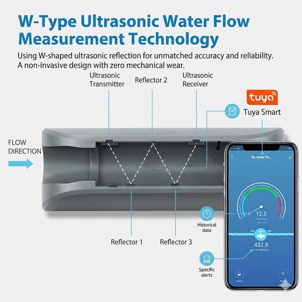 Haozee WiFi Smart Water Valve and Auto Shut-Off | Ultrasonic Flow Detection,Customizable High/Low Flow Alerts, With Wifi Water Sensor,For 3/4" Diameter DN20 Pipe