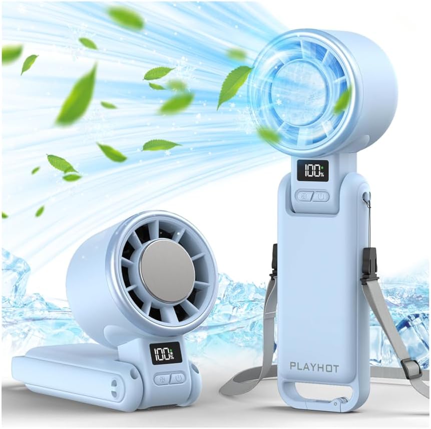 PlayHot Portable Handheld Cooling Fan, Travel Essentials, Gifts for Women | Instant Cooling, 10m/s Airflow, 5-Speed, 10H Max, USB-C Rechargeable, LED Display, 3-in-1 Foldable for Cruise, Beach Vacation