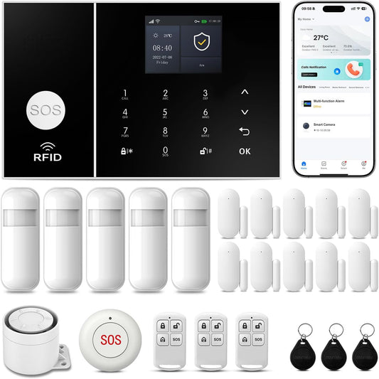 Wireless Alarm System for Home Security,24Pcs WiFi+GSM/4G Home Alarm System with Loud Alarm Security System,SOS Button,Window Alarms, APP Control,Motion Sensors,Compatible with Alexa,NO Monthly Fee