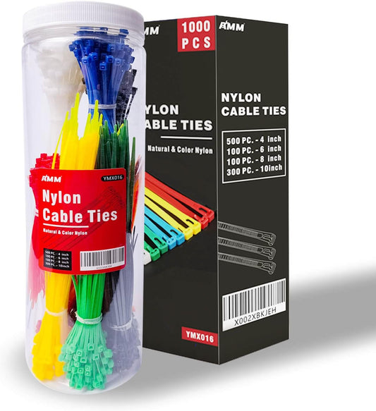 AMM Cable Zip Ties，1000 Pack colored zip ties Assorted Sizes 4, 6, 8 and 10 inches with a plastic storage jar，Multi-Purpose Self-Locking Nylon Cable Ties Cord Management Ties,Wire Ties for Home,Office
