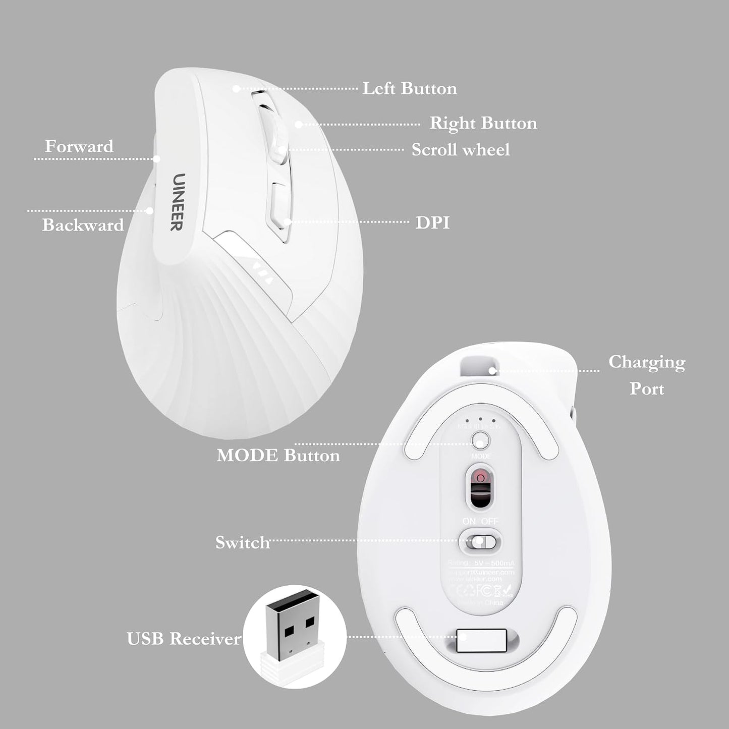 Uineer Vertical Ergonomic Mouse, Wireless Bluetooth Mouse, 3-Device,Quiet | Switch among 3 devices; side scroll wheel supports horizontal navigation for documents and spreadsheets.