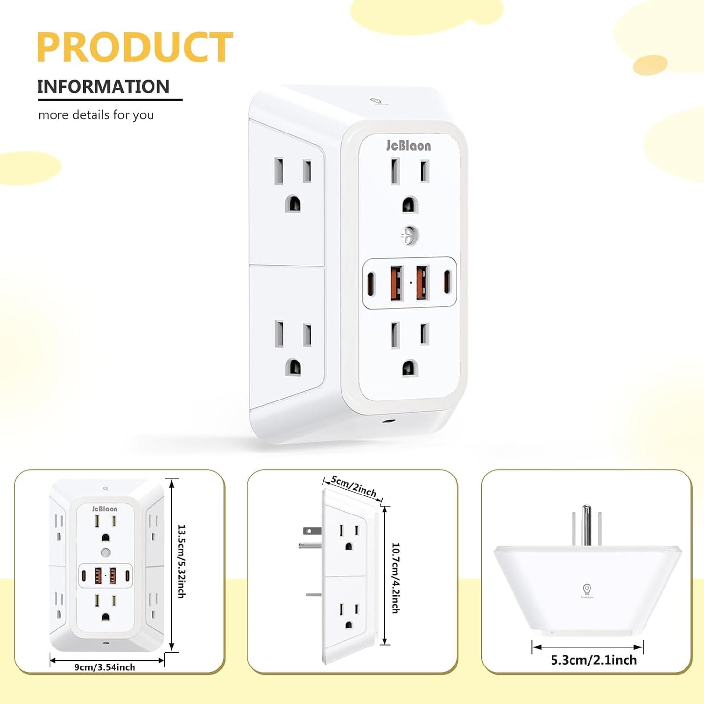 Wall Outlet Extender with Night Light, Power Plug Adapter 6 Outlet Extender with 4 USB Charging Ports 1050J Power Strip Multi Plug Adapter Spaced for Home Travel Office (2U2C)-ETL