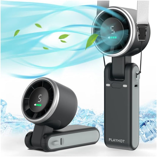 PlayHot Portable Handheld Turbo Fan, Travel Essentials, Gifts for Women/Men | 5-Speed, Up to 12H, 10m/s Airflow, USB-C Rechargeable, LED Display, 3-in-1 Foldable Personal Fan for Cruise, Beach, Vacation