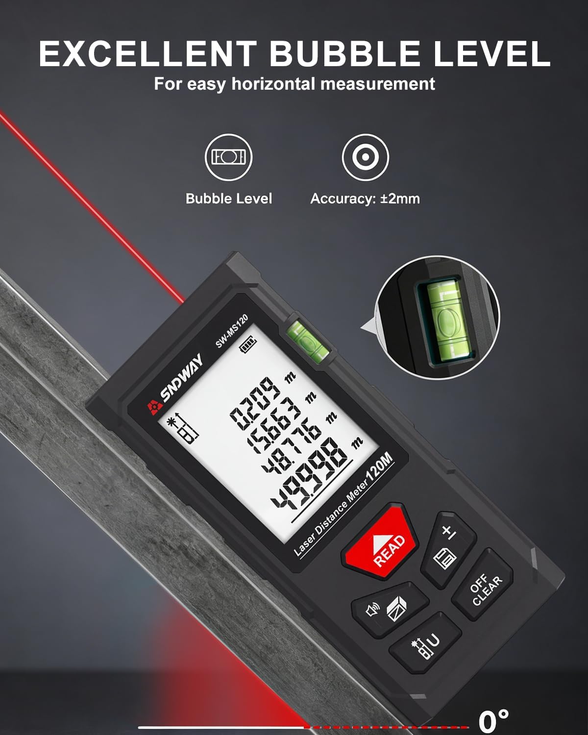 SNDWAY Laser Measuring Tool 393Ft with Bubble Levels and ±1/16" Accuracy | 2.0" Backlit Display, Area Measurement,Volume and Pythagoras for Indoor&Outdoor