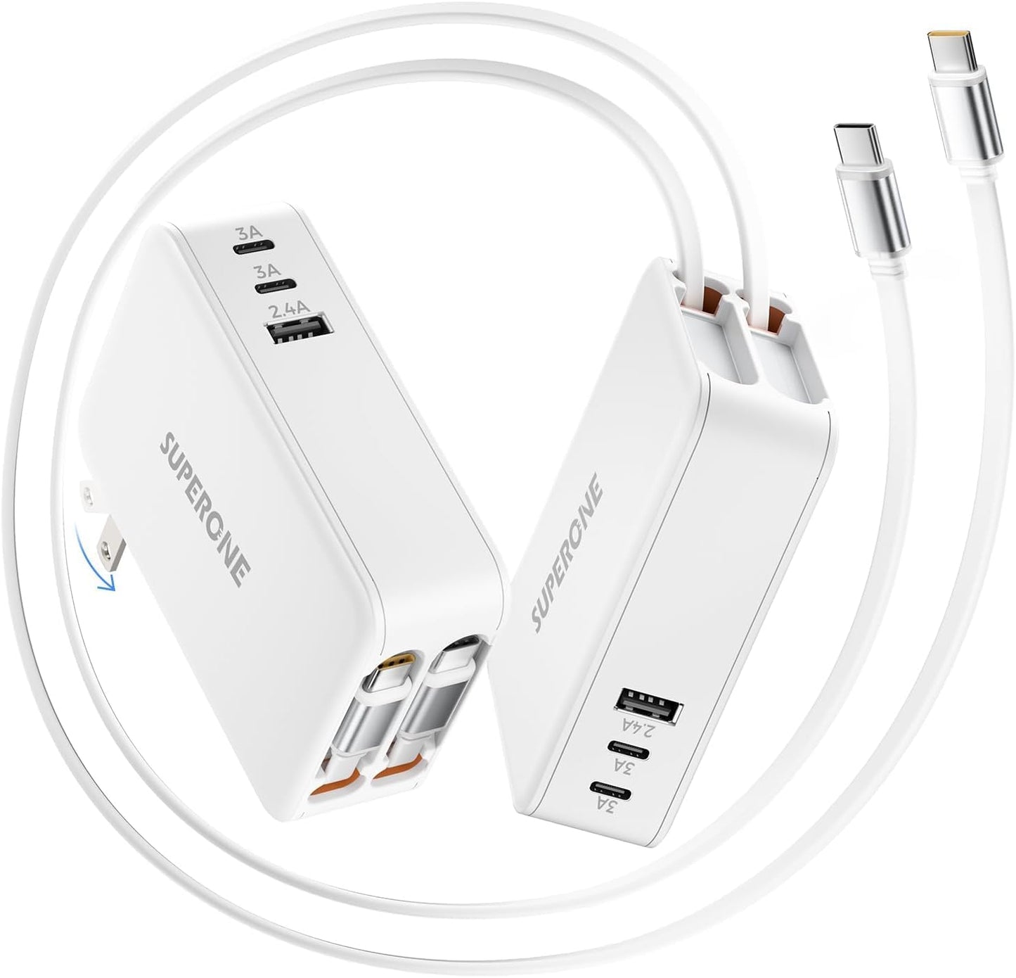 65W Retractable Wall Charger with Dual USB C Cables | 5-Port Charger Block, Compact Foldable Power Adapter, Fast Charging for MacBook Pro/Air Dell XPS ThinkPad ZenBook iPhone iPad