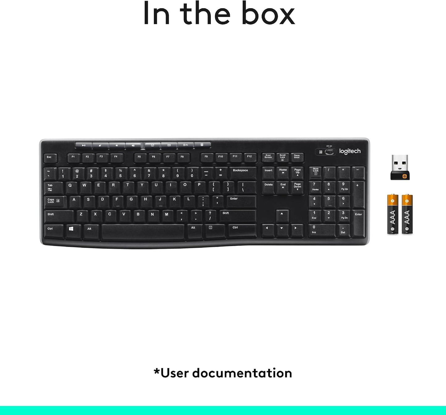 Logitech K270 Full Size Wireless Keyboard for Windows - Black | Full-size keyboard with number pad, 8 multimedia keys, includes USB-A receiver, 2-year battery, compatible with PC, laptop