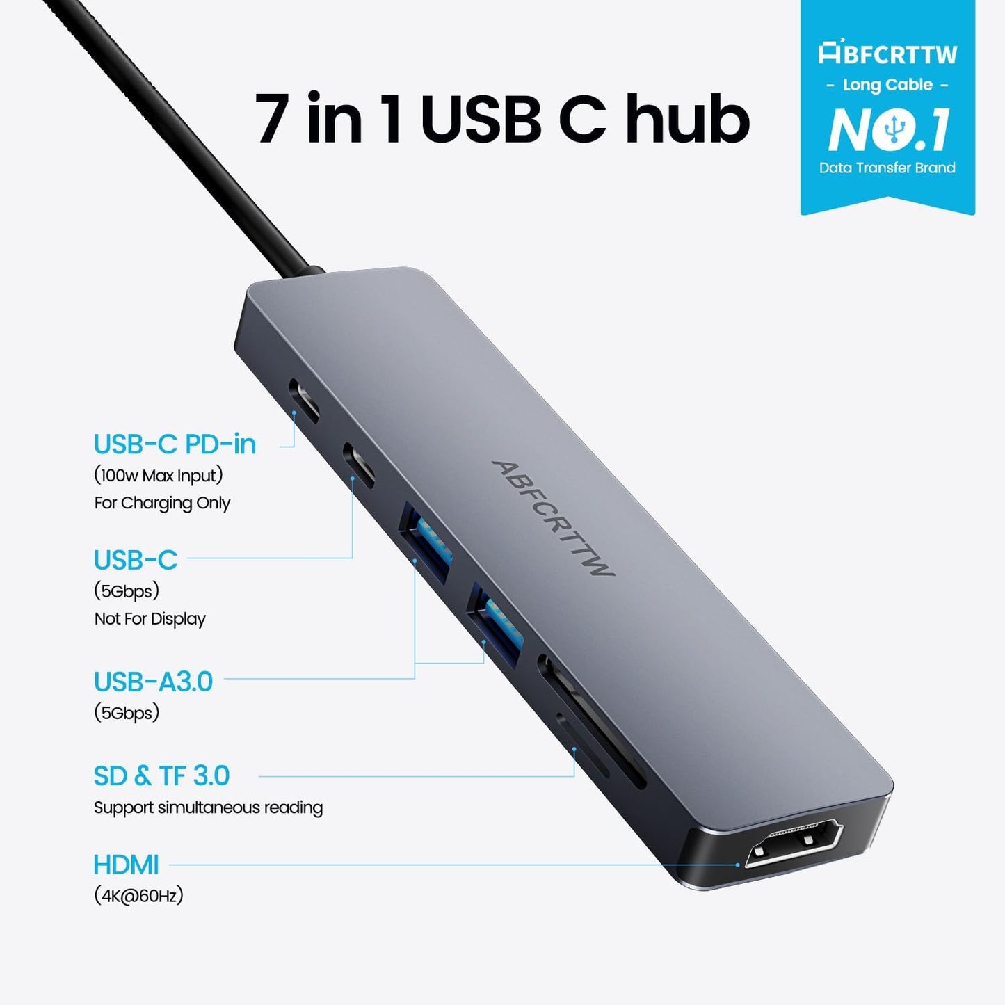 7 in 1 USB C Hub Multiport Adapter for MacBook, Laptop, iPad | USB C Docking Station with 31.5'' Cable, 4K@60Hz HDMI, 100W PD Fast Charging , 2 USB 3.0 & USB-C Data Port, SD/TF Card Reader