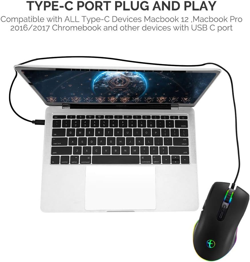 HXMJ RGB LED Gaming Mice,Wired USB C Port for Apple MacBook,Computer or Laptops with Type C Port-Black