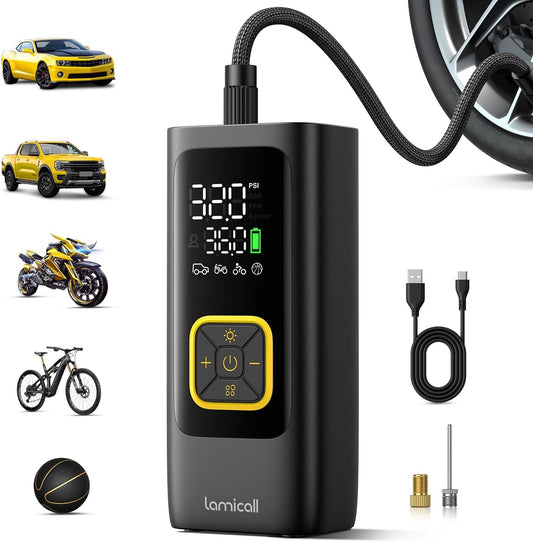 Lamicall Car Tire Inflator Portable Air Compressor, 4X Faster, 150 PSI | with Auto Stop, Rechargeable, Pressure Gauge Display, LED Light, Car Accessories Automatic Air Pump for Motorcycle Bike Ball
