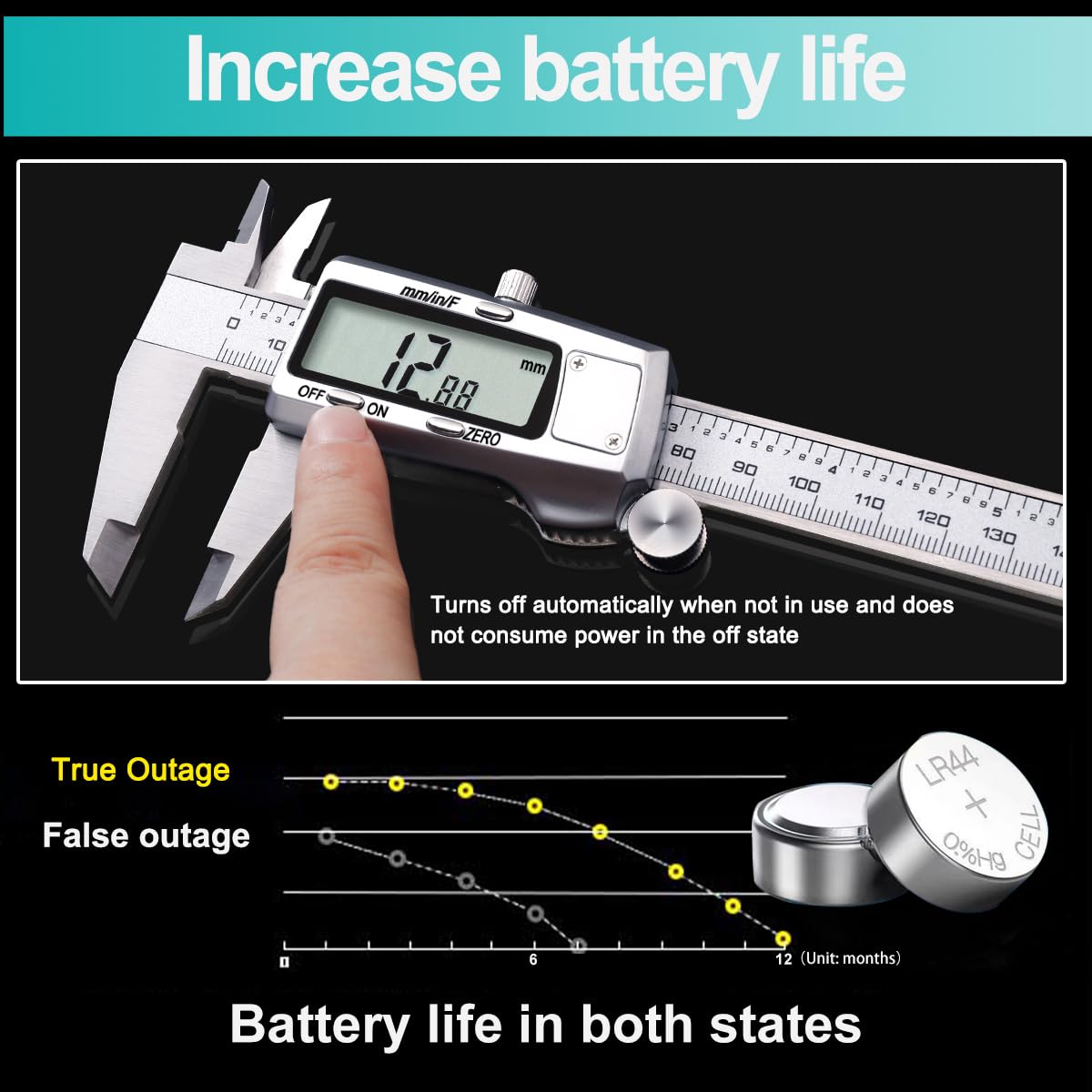 Kynup Digital Caliper, Caliper Measuring Tool, Micrometer, Full Turn Off | Auto-Off Feature, Stainless Steel, Large LCD Screen, Switch from Inch/Metric/Fraction, Black(6Inch/150MM)