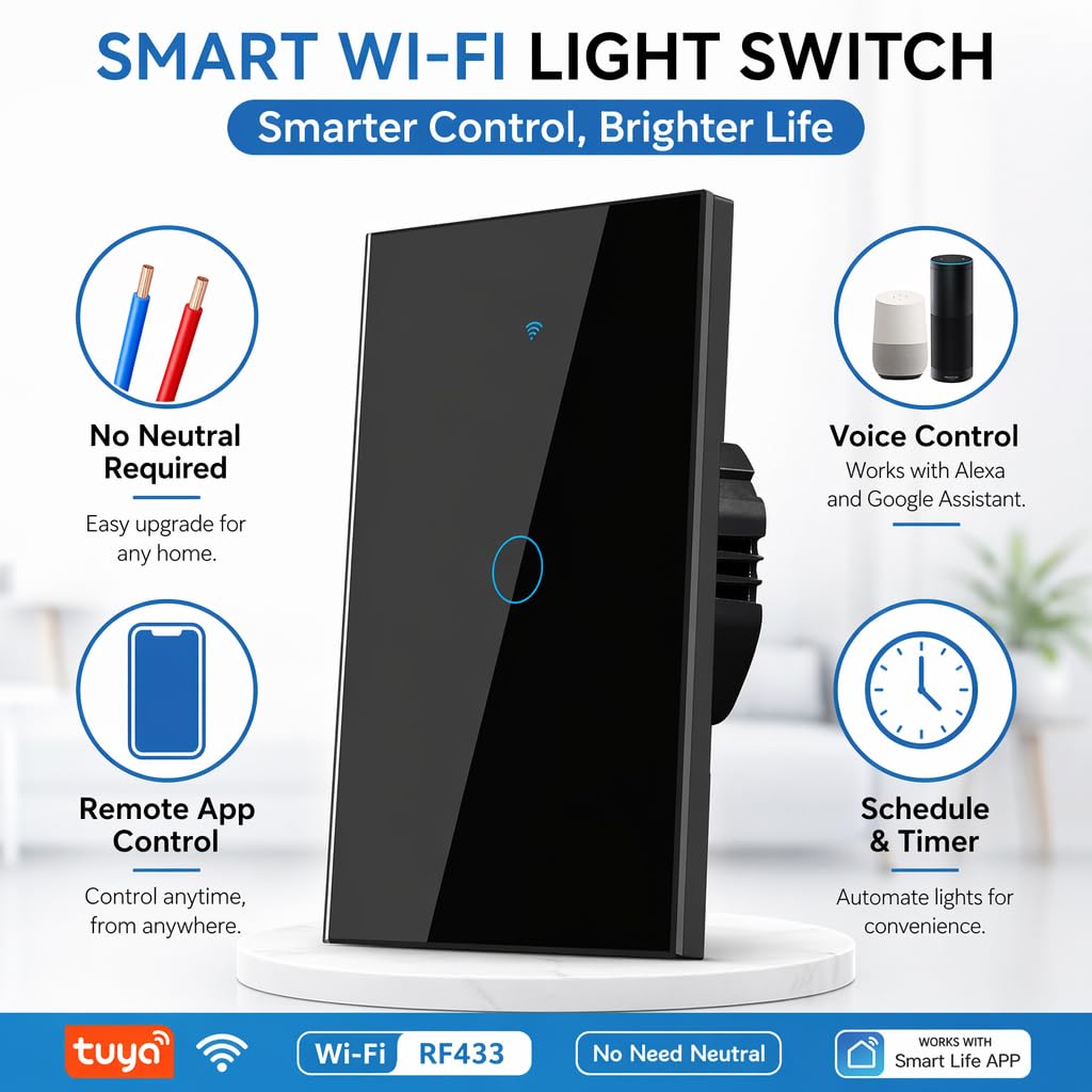 2.4GHz WiFi Smart Wall Touch Light Switch (Glass Panel, Alexa Multi-Control Compatible, Compatible with Multiple Platforms) (Wall Switch 2 Gang)