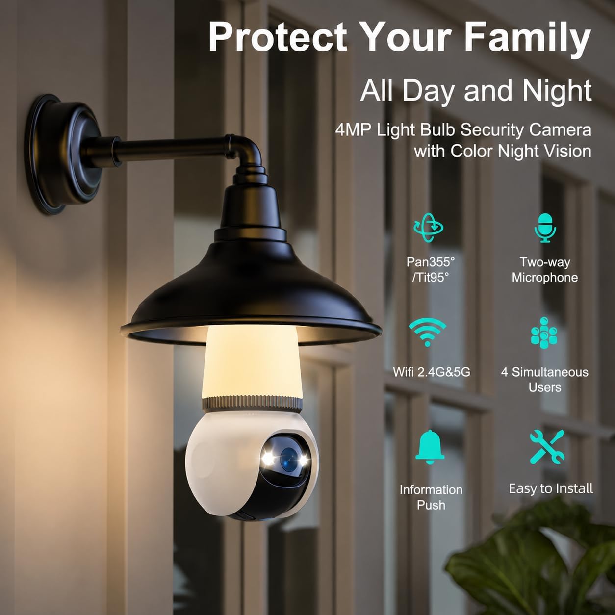 Hawkray Light Bulb Security Camera Wireless Outdoor Indoor-5&2.4GHz Dual Band WiFi,360° Pan-Tilt,2K Color Night Vision,Motion Detection & Siren Alarm,Two-Way Audio