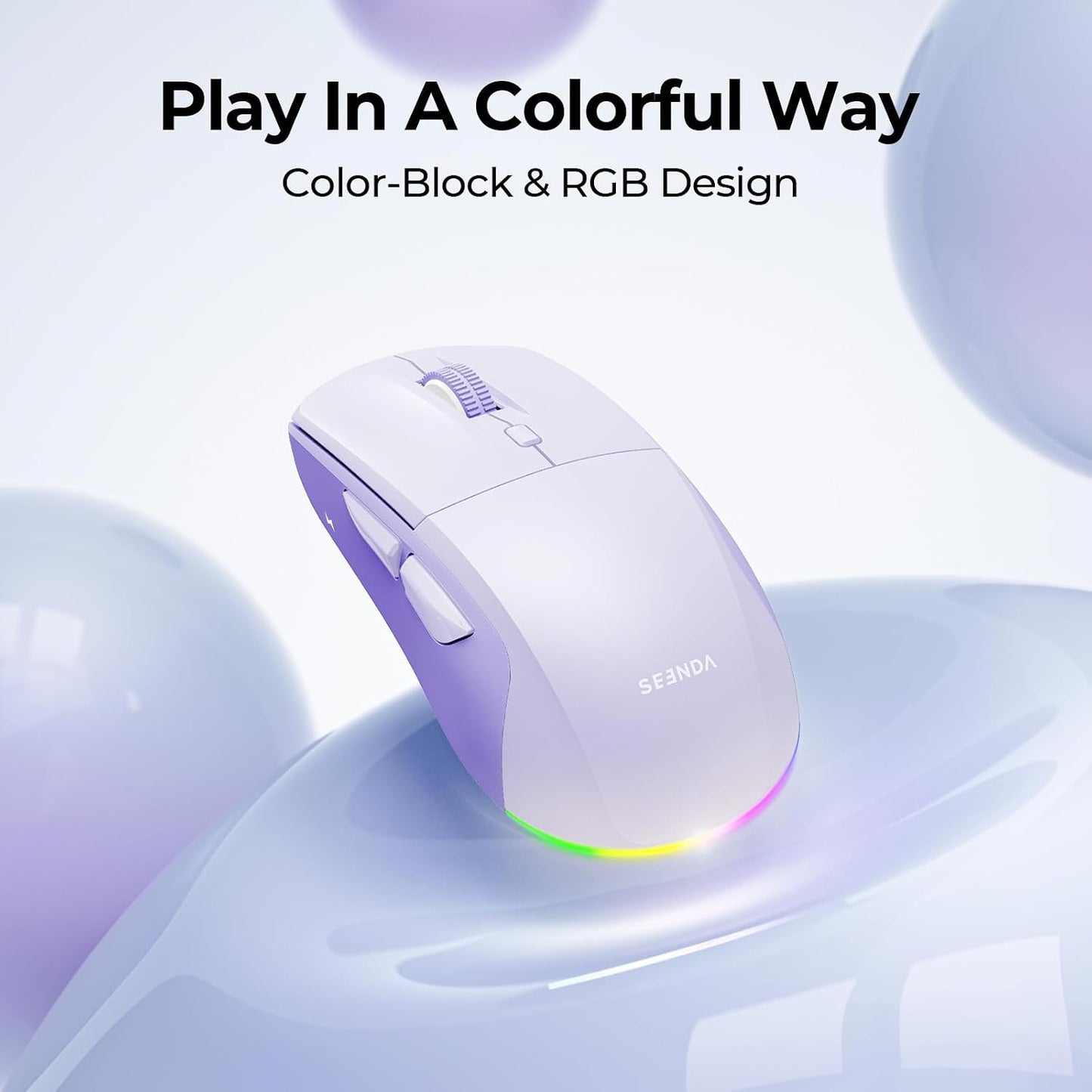seenda MOU110 Wireless Bluetooth Mouse, Rechargeable & RGB, Purple | 2.4G USB & Bluetooth, Silent, 3-Level DPI, Right-Hand Ergonomic Mouse for Laptop, iPad, MacBook, Desktop Work & Casual Gaming