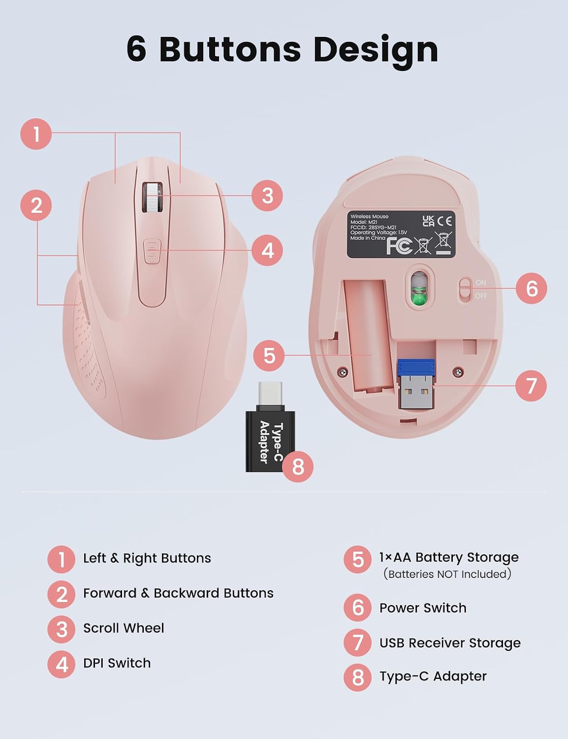 Pink Wireless Mouse for Laptop, 2.4GHz Computer Mouse with USB-A Port &USB-C Adapter, Cordless Office Mice with 6 Buttons & 3 Level DPI for Small to Medium Hands, Work with PC, Desktop, Tablet - M21