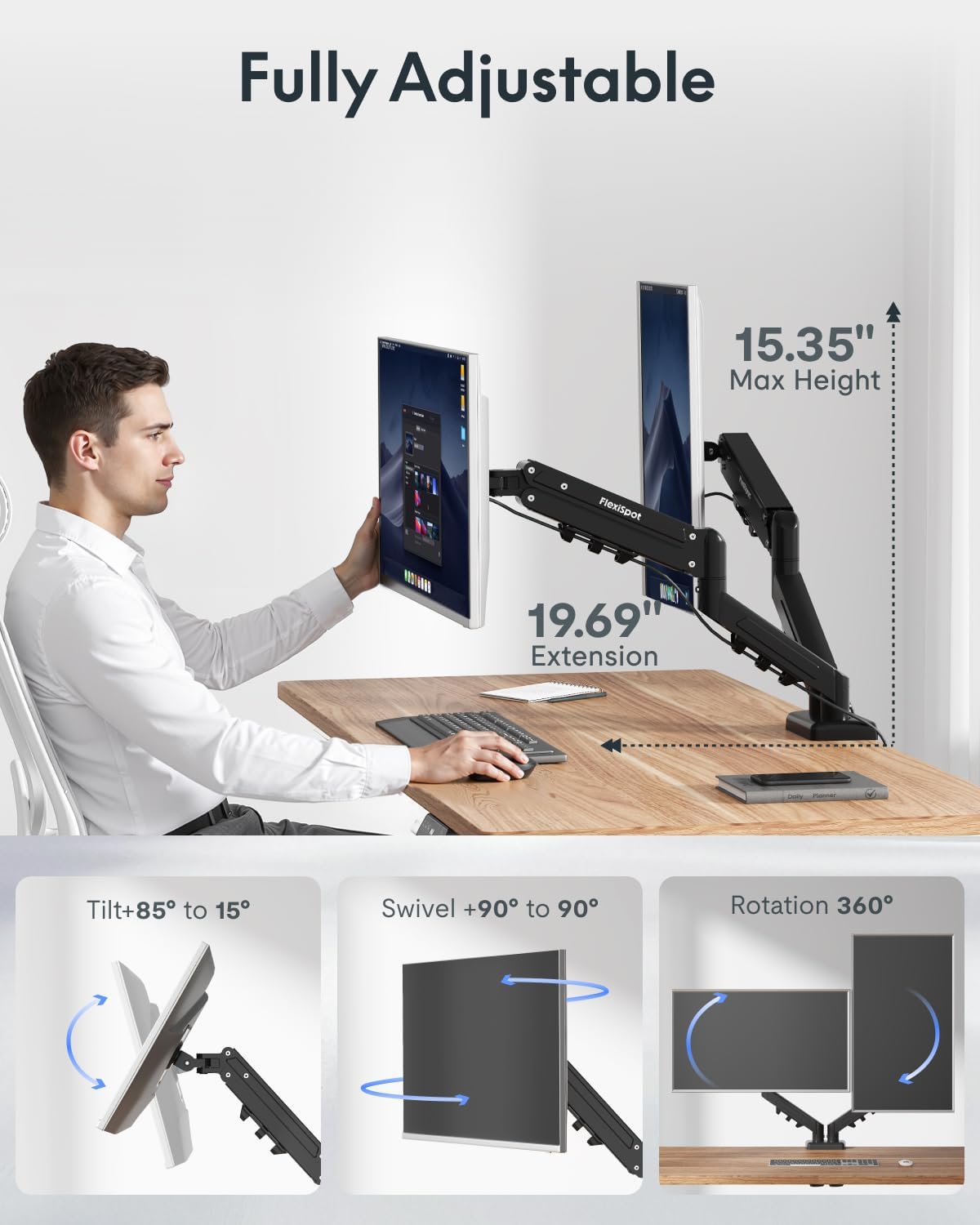 Flexispot Dual Monitor Arm, 17-32 Inch Monitor Mount up to 19.84 lbs, Fast Install VESA Mount for Home Office Gaming, Full Adjustable Gas Spring with C-Clamp and Grommet Base, Black