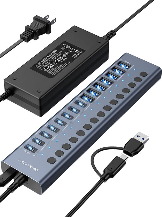 ACASIS 16 Ports Powered USB 3.2 Hub (8 USB-A 3.2 +8 USB-C 3.2), 10Gbps | Individual On/Off Switch for Each Port • Aluminum Housing • Better Heat Dissipation • Plug & Play • 96W Power Adapter
