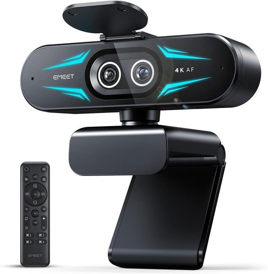 EMEET C60E Dual-Camera 4K Webcam for Streaming, Wide-Angle & Telephoto | Max 11X Hybrid Zoom & PDAF Autofocus, Remote Control, RGB Lighting, 2 Mics, Ideal for Livestreaming and Online Meeting